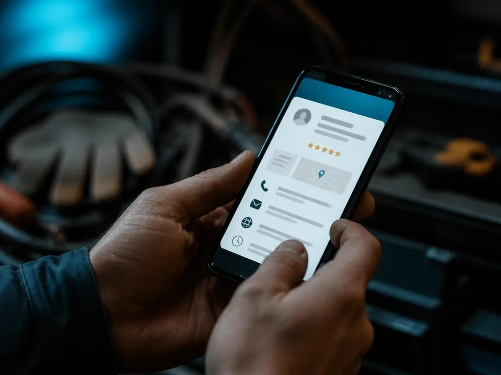 Artisan consultant la fiche en ligne de son entreprise sur son téléphone