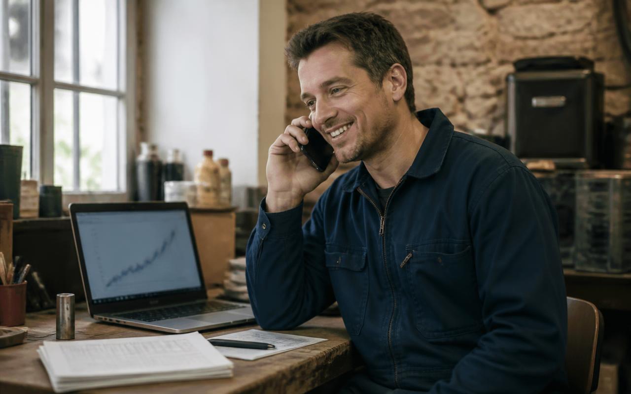 Entrepreneur strasbourgeois au téléphone avec un client, campagne Google Ads suivie sur son ordinateur portable
