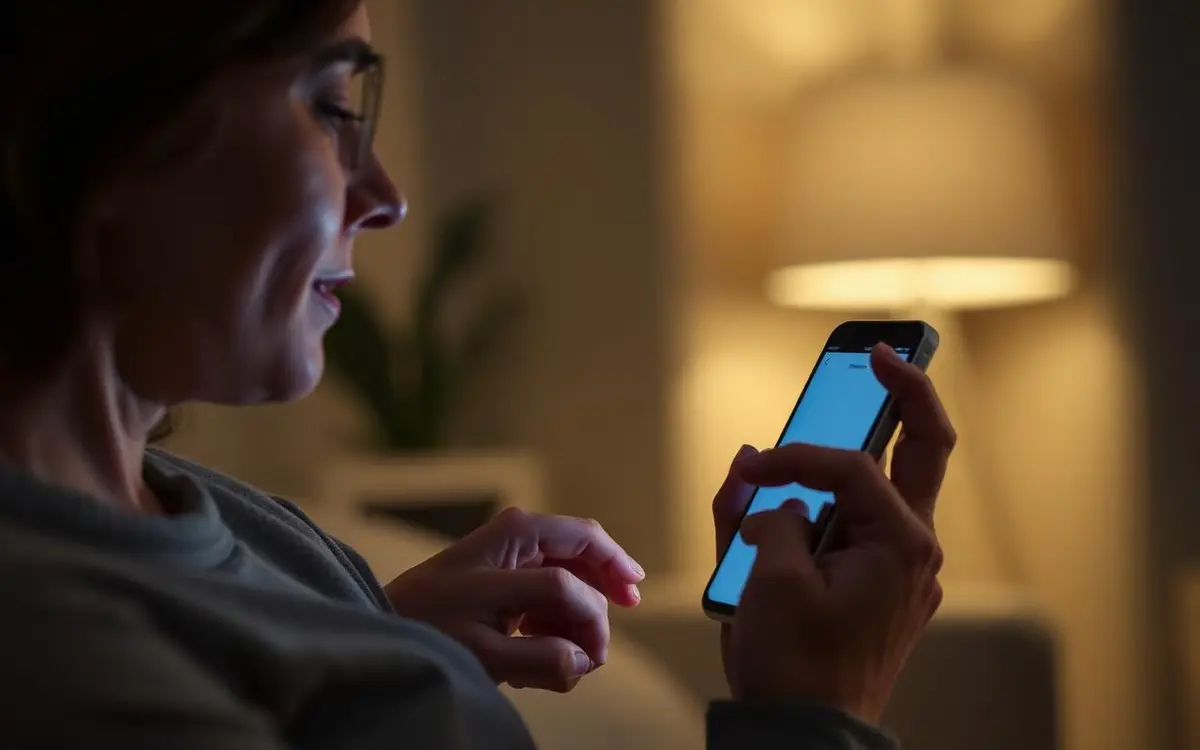 Personne échangeant avec un assistant conversationnel sur son téléphone le soir