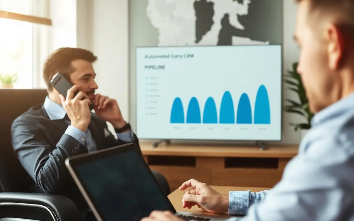 Dirigeant au téléphone devant un tableau de suivi commercial