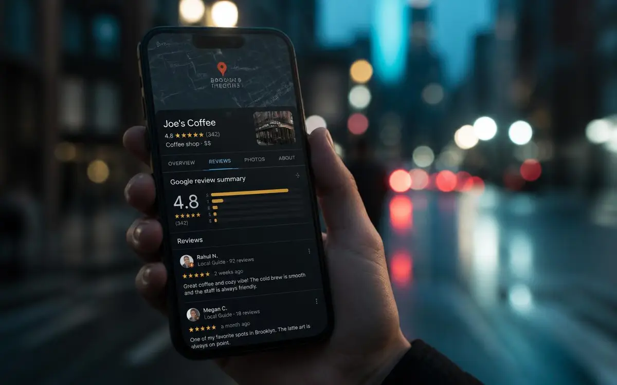 Fiche Google Business avec avis clients et carte