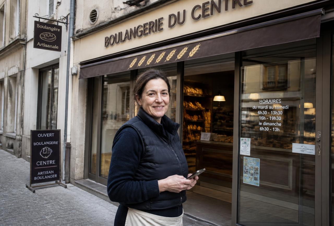 Commerçante devant sa boutique, fiche Google à jour sur son téléphone