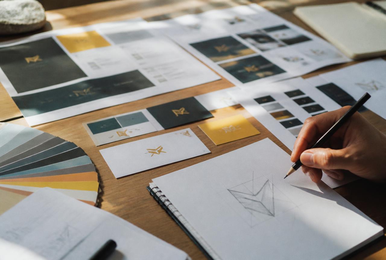 Planches de charte graphique, nuancier et cartes de visite sur un bureau de designer