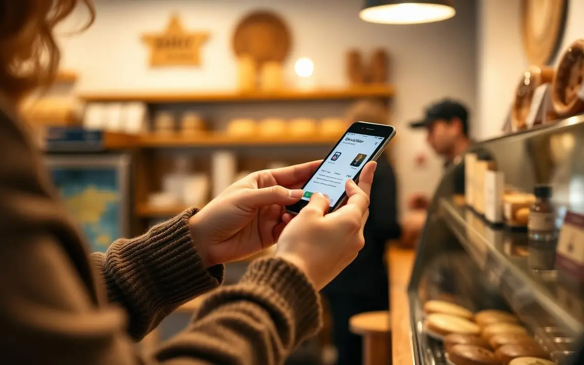 Cliente présentant sa carte de fidélité digitale au comptoir d’un commerce