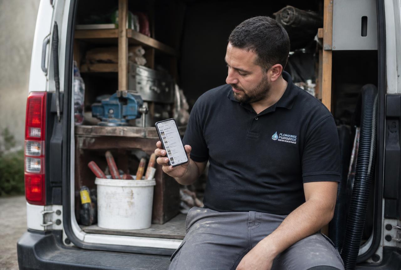 Artisan consultant son site internet sur son smartphone dans son atelier