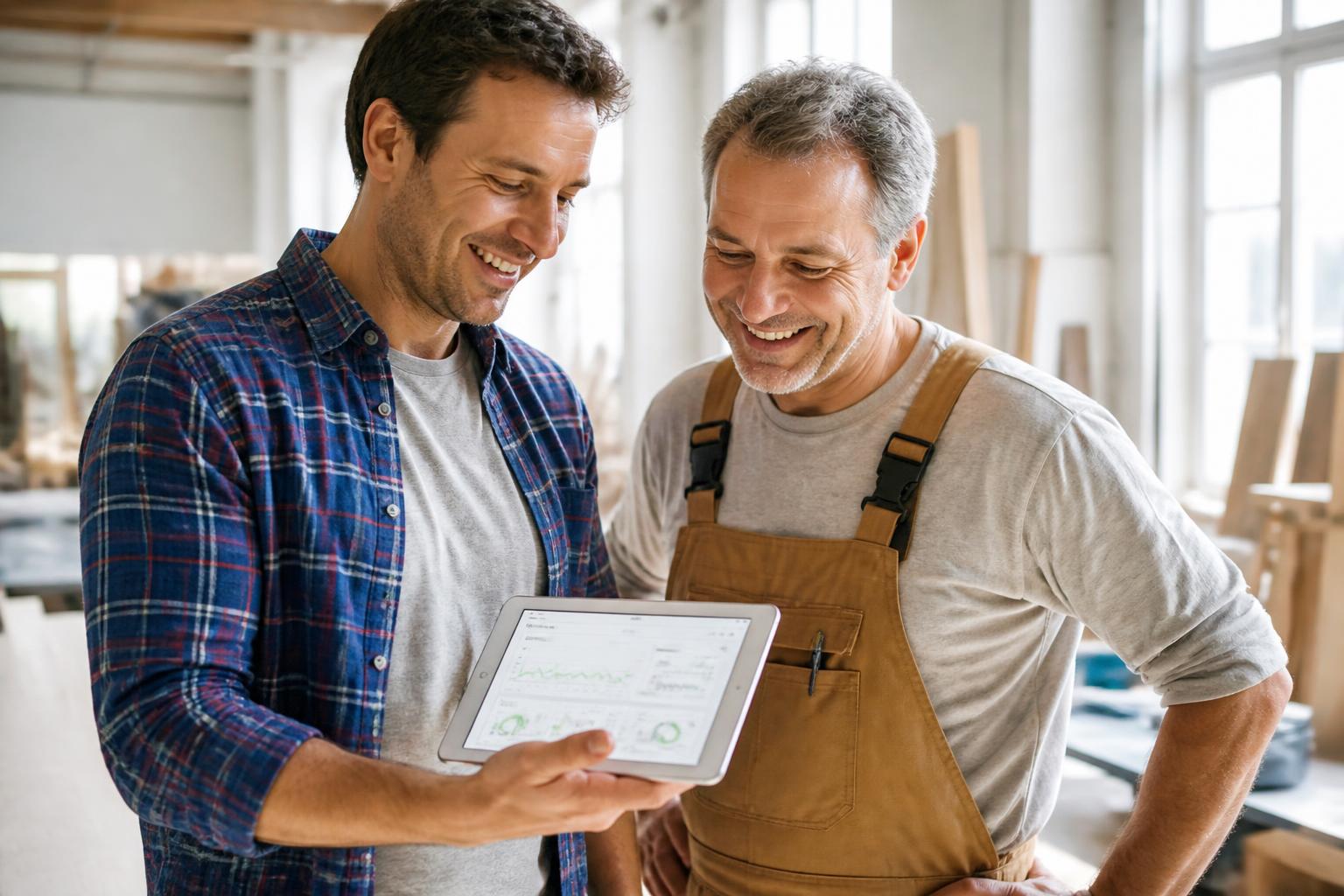 Consultant WEBELI présentant le rapport de suivi mensuel d’un site internet à un artisan dans son atelier
